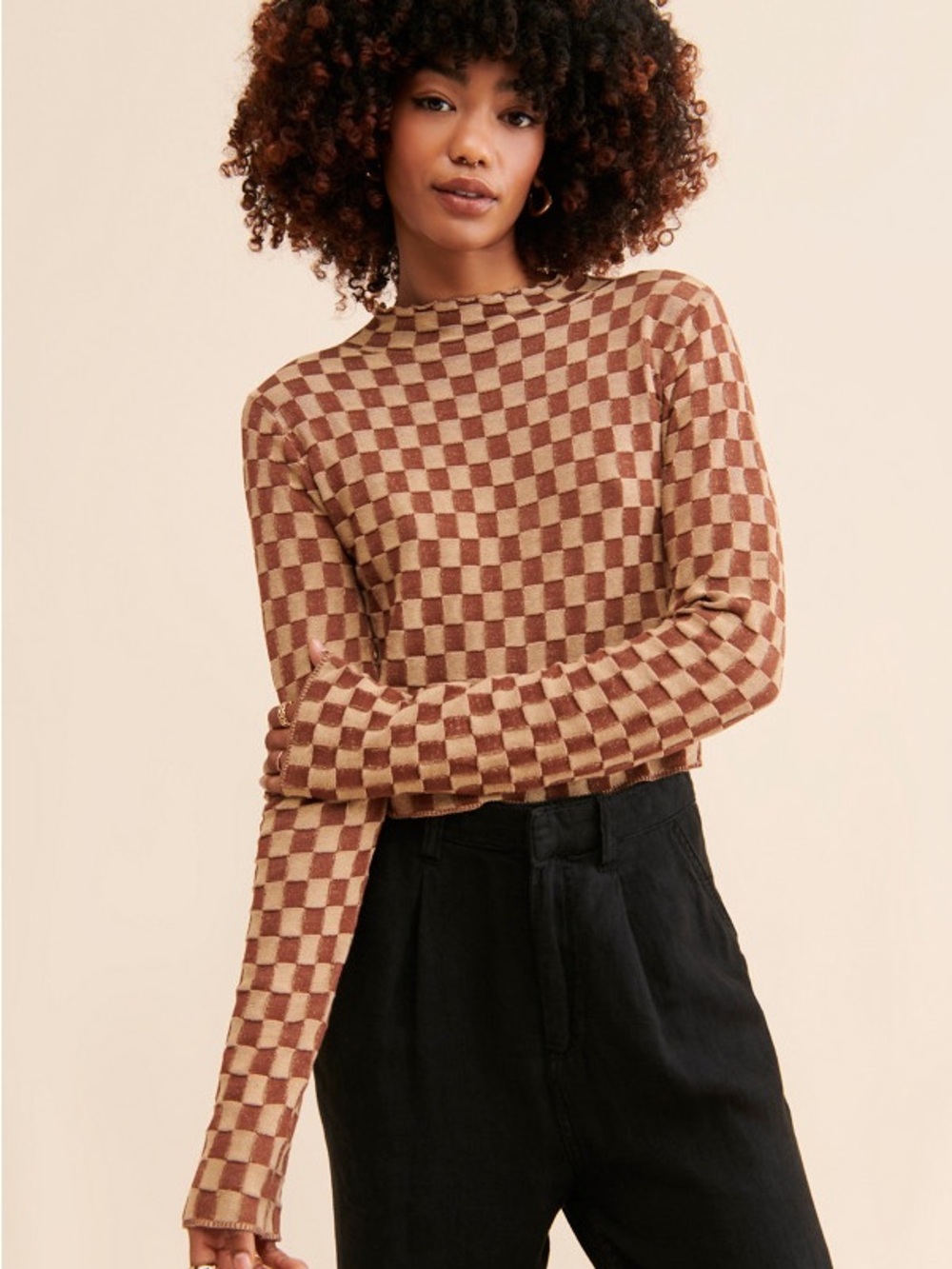 NWT ASTR the Label Izzy Top Cotton Checkerboard Long Sleeve Mock Neck Top Sz M
